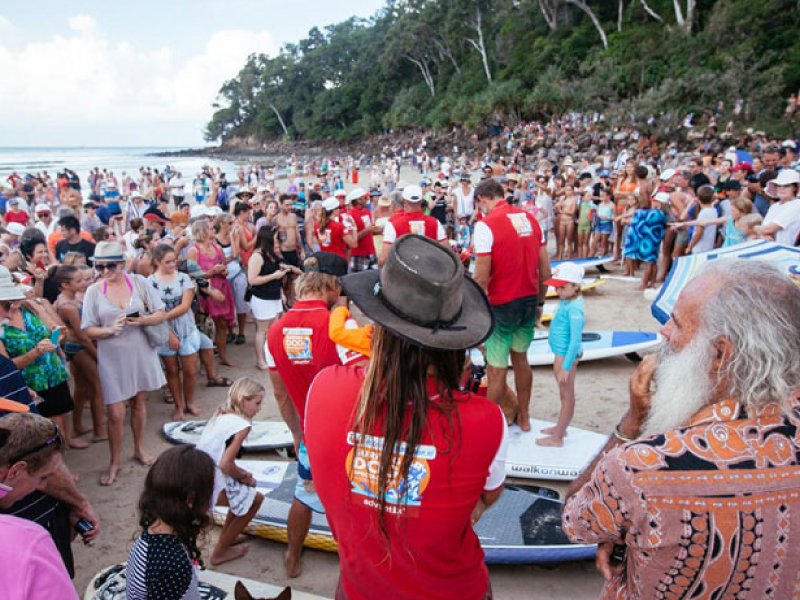 Crowd and competitors at the 2015 Surfing Dogs event
