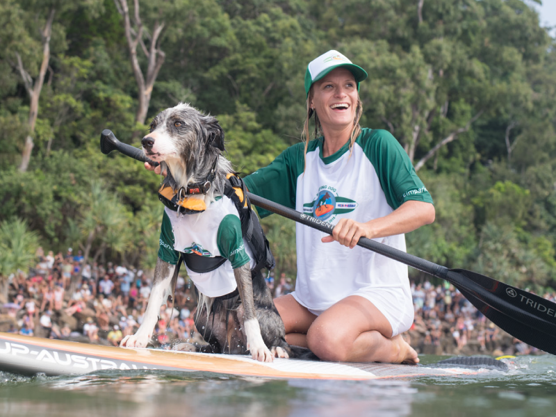 Pork Chops and Sam at the 2018 Surfing Dog Championships
