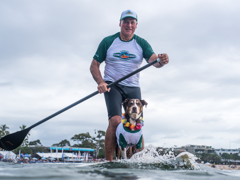 Crowd and competitors at the 2018 Surfing Dog Championships