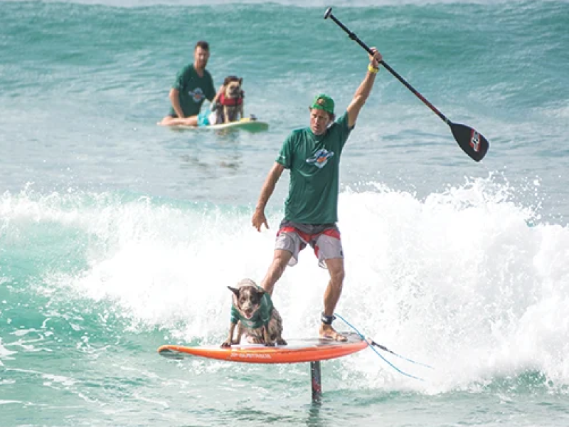 Dan, his daughter and pup at the 2019 Surfing Dog Championships