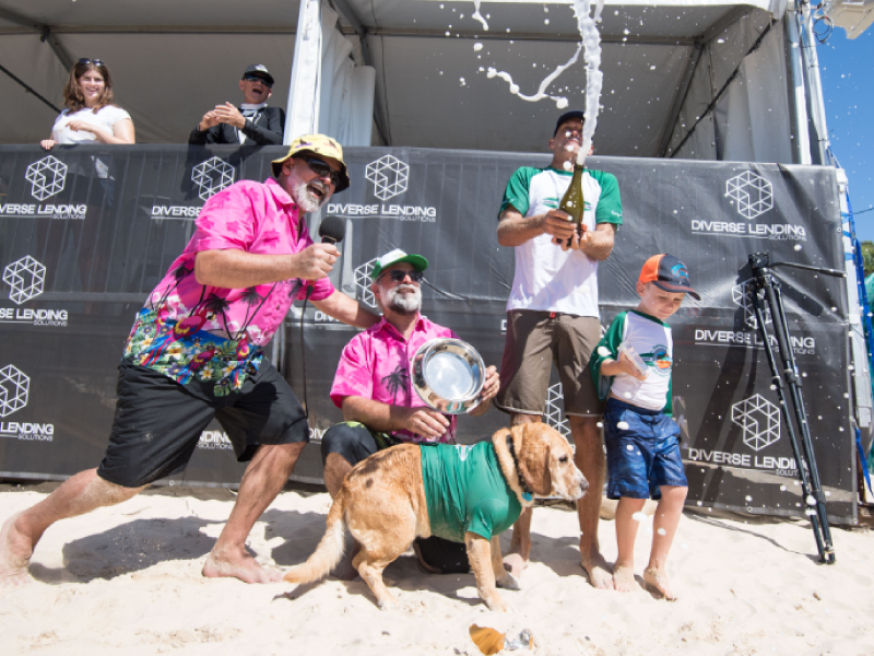 Crowd and competitors at the 2020 Surfing Dog Championships