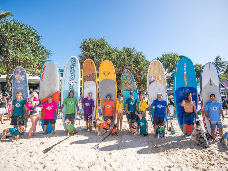 Crowd and competitors at the 2023 Surfing Dog Championships